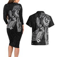 Aotearoa Moko Tribal Tattoo Couples Matching Long Sleeve Bodycon Dress and Hawaiian Shirt New Zealand Maori Penguin and Fantail Black Color LT03 - Polynesian Pride