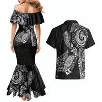 Aotearoa Moko Tribal Tattoo Couples Matching Mermaid Dress and Hawaiian Shirt New Zealand Maori Penguin and Fantail Black Color LT03 - Polynesian Pride