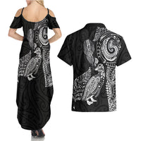 Aotearoa Moko Tribal Tattoo Couples Matching Summer Maxi Dress and Hawaiian Shirt New Zealand Maori Penguin and Fantail Black Color LT03 - Polynesian Pride