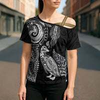 Aotearoa Moko Tribal Tattoo Cross Shoulder Shirt New Zealand Maori Penguin and Fantail Black Color LT03 - Polynesian Pride