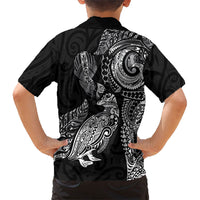 Aotearoa Moko Tribal Tattoo Family Matching Off The Shoulder Long Sleeve Dress and Hawaiian Shirt New Zealand Maori Penguin and Fantail Black Color LT03 - Polynesian Pride