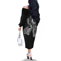 Aotearoa Moko Tribal Tattoo Family Matching Off The Shoulder Long Sleeve Dress and Hawaiian Shirt New Zealand Maori Penguin and Fantail Black Color LT03 - Polynesian Pride