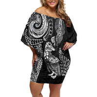 Aotearoa Moko Tribal Tattoo Family Matching Off Shoulder Short Dress and Hawaiian Shirt New Zealand Maori Penguin and Fantail Black Color LT03 Mom's Dress Black - Polynesian Pride