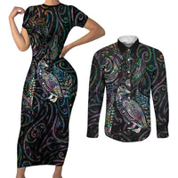 Aotearoa Moko Tribal Tattoo Couples Matching Short Sleeve Bodycon Dress and Long Sleeve Button Shirt New Zealand Maori Penguin and Fantail Paua Shell Style LT03 Multicolor - Polynesian Pride