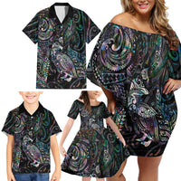 Aotearoa Moko Tribal Tattoo Family Matching Off Shoulder Short Dress and Hawaiian Shirt New Zealand Maori Penguin and Fantail Paua Shell Style LT03 - Polynesian Pride