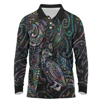 Aotearoa Moko Tribal Tattoo Long Sleeve Polo Shirt New Zealand Maori Penguin and Fantail Paua Shell Style LT03 Multicolor - Polynesian Pride