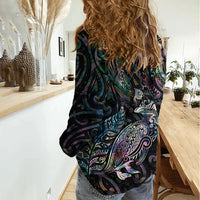 Aotearoa Moko Tribal Tattoo Women Casual Shirt New Zealand Maori Penguin and Fantail Paua Shell Style LT03 - Polynesian Pride