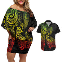 Aotearoa Moko Tribal Tattoo Couples Matching Off Shoulder Short Dress and Hawaiian Shirt New Zealand Maori Penguin and Fantail Reggae Style LT03 Multicolor - Polynesian Pride