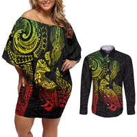 Aotearoa Moko Tribal Tattoo Couples Matching Off Shoulder Short Dress and Long Sleeve Button Shirt New Zealand Maori Penguin and Fantail Reggae Style LT03 Multicolor - Polynesian Pride