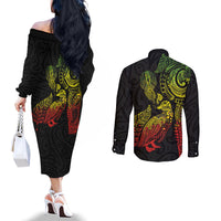 Aotearoa Moko Tribal Tattoo Couples Matching Off The Shoulder Long Sleeve Dress and Long Sleeve Button Shirt New Zealand Maori Penguin and Fantail Reggae Style LT03 - Polynesian Pride