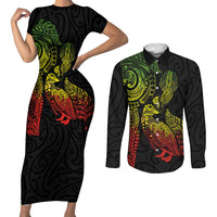 Aotearoa Moko Tribal Tattoo Couples Matching Short Sleeve Bodycon Dress and Long Sleeve Button Shirt New Zealand Maori Penguin and Fantail Reggae Style LT03 Multicolor - Polynesian Pride
