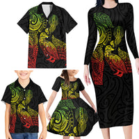 Aotearoa Moko Tribal Tattoo Family Matching Long Sleeve Bodycon Dress and Hawaiian Shirt New Zealand Maori Penguin and Fantail Reggae Style LT03 - Polynesian Pride