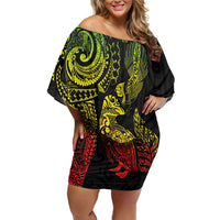Aotearoa Moko Tribal Tattoo Family Matching Off Shoulder Short Dress and Hawaiian Shirt New Zealand Maori Penguin and Fantail Reggae Style LT03 Mom's Dress Multicolor - Polynesian Pride