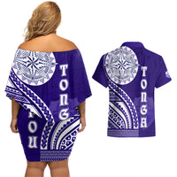 Tupou College Toloa Couples Matching Off Shoulder Short Dress and Hawaiian Shirt Ngatu and Polynesian Pattern