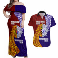 Kolisi Tonga Atele and Tupou College Toloa Couples Matching Off Shoulder Maxi Dress and Hawaiian Shirt Ngatu and Polynesian Spiral Pattern