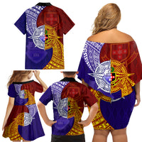 Kolisi Tonga Atele and Tupou College Toloa Family Matching Off Shoulder Short Dress and Hawaiian Shirt Ngatu and Polynesian Spiral Pattern LT03 - Polynesian Pride