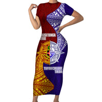 Kolisi Tonga Atele and Tupou College Toloa Short Sleeve Bodycon Dress Ngatu and Polynesian Spiral Pattern