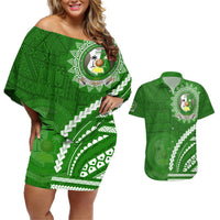 Liahona High School Couples Matching Off Shoulder Short Dress and Hawaiian Shirt Ngatu and Polynesian Pattern LT03 Green - Polynesian Pride