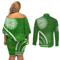 Liahona High School Couples Matching Off Shoulder Short Dress and Long Sleeve Button Shirt Ngatu and Polynesian Pattern LT03 - Polynesian Pride