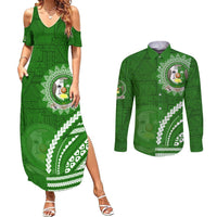 Liahona High School Couples Matching Summer Maxi Dress and Long Sleeve Button Shirt Ngatu and Polynesian Pattern LT03 Green - Polynesian Pride