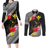 Aloha Hawaii Hibiscus and Plumeria Flowers Couples Matching Long Sleeve Bodycon Dress and Long Sleeve Button Shirt Kanaka Maoli Tattoo Polynesian Pattern LT03 Black - Polynesian Pride