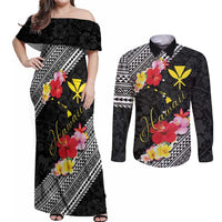 Aloha Hawaii Hibiscus and Plumeria Flowers Couples Matching Off Shoulder Maxi Dress and Long Sleeve Button Shirt Kanaka Maoli Tattoo Polynesian Pattern LT03 Black - Polynesian Pride