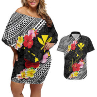Aloha Hawaii Hibiscus and Plumeria Flowers Couples Matching Off Shoulder Short Dress and Hawaiian Shirt Kanaka Maoli Tattoo Polynesian Pattern LT03 Black - Polynesian Pride