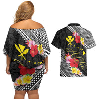 Aloha Hawaii Hibiscus and Plumeria Flowers Couples Matching Off Shoulder Short Dress and Hawaiian Shirt Kanaka Maoli Tattoo Polynesian Pattern LT03 - Polynesian Pride