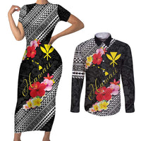 Aloha Hawaii Hibiscus and Plumeria Flowers Couples Matching Short Sleeve Bodycon Dress and Long Sleeve Button Shirt Kanaka Maoli Tattoo Polynesian Pattern LT03 Black - Polynesian Pride