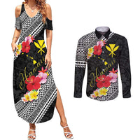 Aloha Hawaii Hibiscus and Plumeria Flowers Couples Matching Summer Maxi Dress and Long Sleeve Button Shirt Kanaka Maoli Tattoo Polynesian Pattern LT03 Black - Polynesian Pride