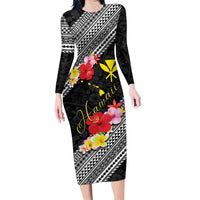 Aloha Hawaii Hibiscus and Plumeria Flowers Family Matching Long Sleeve Bodycon Dress and Hawaiian Shirt Kanaka Maoli Tattoo Polynesian Pattern LT03 Mom's Dress Black - Polynesian Pride
