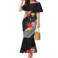 Aloha Hawaii Hibiscus and Plumeria Flowers Family Matching Mermaid Dress and Hawaiian Shirt Kanaka Maoli Tattoo Polynesian Pattern LT03 Mom's Dress Black - Polynesian Pride