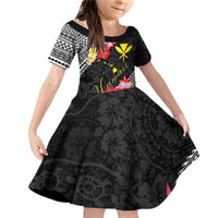 Aloha Hawaii Hibiscus and Plumeria Flowers Family Matching Off Shoulder Short Dress and Hawaiian Shirt Kanaka Maoli Tattoo Polynesian Pattern LT03 Daughter's Dress Black - Polynesian Pride
