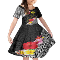 Aloha Hawaii Hibiscus and Plumeria Flowers Family Matching Summer Maxi Dress and Hawaiian Shirt Kanaka Maoli Tattoo Polynesian Pattern LT03 Daughter's Dress Black - Polynesian Pride