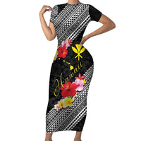 Aloha Hawaii Hibiscus and Plumeria Flowers Short Sleeve Bodycon Dress Kanaka Maoli Tattoo Polynesian Pattern LT03 Long Dress Black - Polynesian Pride