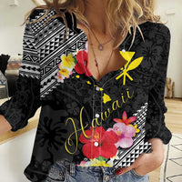 Aloha Hawaii Hibiscus and Plumeria Flowers Women Casual Shirt Kanaka Maoli Tattoo Polynesian Pattern LT03 Female Black - Polynesian Pride