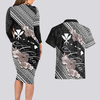 Aloha Hawaii Hibiscus and Plumeria Flowers Couples Matching Long Sleeve Bodycon Dress and Hawaiian Shirt Kanaka Maoli Tattoo Polynesian Pattern Gray Color LT03 - Polynesian Pride