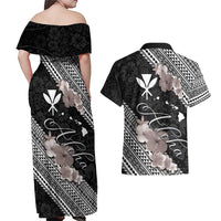 Aloha Hawaii Hibiscus and Plumeria Flowers Couples Matching Off Shoulder Maxi Dress and Hawaiian Shirt Kanaka Maoli Tattoo Polynesian Pattern Gray Color LT03 - Polynesian Pride