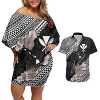 Aloha Hawaii Hibiscus and Plumeria Flowers Couples Matching Off Shoulder Short Dress and Hawaiian Shirt Kanaka Maoli Tattoo Polynesian Pattern Gray Color LT03 Black - Polynesian Pride