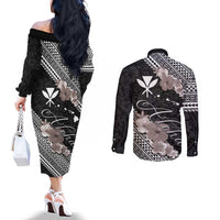 Aloha Hawaii Hibiscus and Plumeria Flowers Couples Matching Off The Shoulder Long Sleeve Dress and Long Sleeve Button Shirt Kanaka Maoli Tattoo Polynesian Pattern Gray Color LT03 - Polynesian Pride