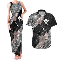 Aloha Hawaii Hibiscus and Plumeria Flowers Couples Matching Tank Maxi Dress and Hawaiian Shirt Kanaka Maoli Tattoo Polynesian Pattern Gray Color LT03 Black - Polynesian Pride