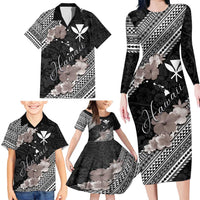 Aloha Hawaii Hibiscus and Plumeria Flowers Family Matching Long Sleeve Bodycon Dress and Hawaiian Shirt Kanaka Maoli Tattoo Polynesian Pattern Gray Color LT03 - Polynesian Pride