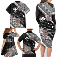 Aloha Hawaii Hibiscus and Plumeria Flowers Family Matching Long Sleeve Bodycon Dress and Hawaiian Shirt Kanaka Maoli Tattoo Polynesian Pattern Gray Color LT03 - Polynesian Pride