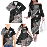 Aloha Hawaii Hibiscus and Plumeria Flowers Family Matching Off The Shoulder Long Sleeve Dress and Hawaiian Shirt Kanaka Maoli Tattoo Polynesian Pattern Gray Color LT03 - Polynesian Pride