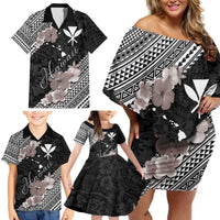 Aloha Hawaii Hibiscus and Plumeria Flowers Family Matching Off Shoulder Short Dress and Hawaiian Shirt Kanaka Maoli Tattoo Polynesian Pattern Gray Color LT03 - Polynesian Pride