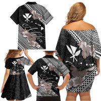 Aloha Hawaii Hibiscus and Plumeria Flowers Family Matching Off Shoulder Short Dress and Hawaiian Shirt Kanaka Maoli Tattoo Polynesian Pattern Gray Color LT03 - Polynesian Pride