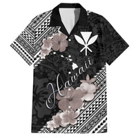 Aloha Hawaii Hibiscus and Plumeria Flowers Family Matching Off Shoulder Short Dress and Hawaiian Shirt Kanaka Maoli Tattoo Polynesian Pattern Gray Color LT03 Dad's Shirt - Short Sleeve Black - Polynesian Pride