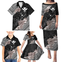 Aloha Hawaii Hibiscus and Plumeria Flowers Family Matching Puletasi and Hawaiian Shirt Kanaka Maoli Tattoo Polynesian Pattern Gray Color LT03 - Polynesian Pride