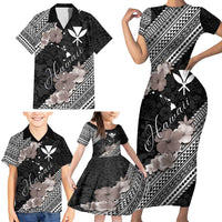 Aloha Hawaii Hibiscus and Plumeria Flowers Family Matching Short Sleeve Bodycon Dress and Hawaiian Shirt Kanaka Maoli Tattoo Polynesian Pattern Gray Color LT03 - Polynesian Pride