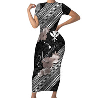 Aloha Hawaii Hibiscus and Plumeria Flowers Family Matching Short Sleeve Bodycon Dress and Hawaiian Shirt Kanaka Maoli Tattoo Polynesian Pattern Gray Color LT03 Mom's Dress Black - Polynesian Pride